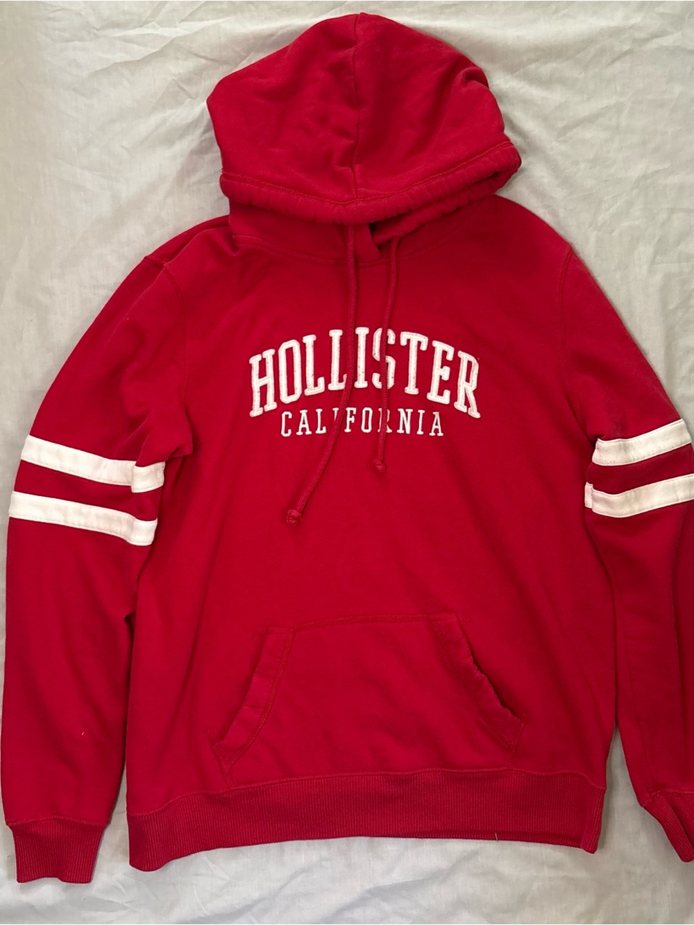 Hollister Red Crewneck Hoodie with White Sleeve Stripes